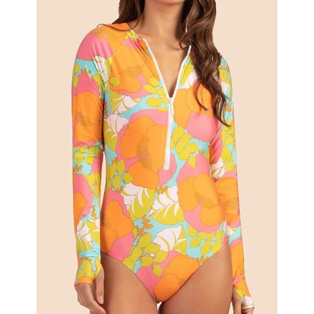Trina Turk Playa De Flor Floral Half Zip SPF 50 Paddle Suit Swimsuit Women Sz. L